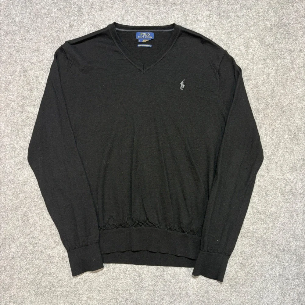 Polo Ralph Lauren Mens V-Neck Sweater Black Washable Merino Wool Large L Pony